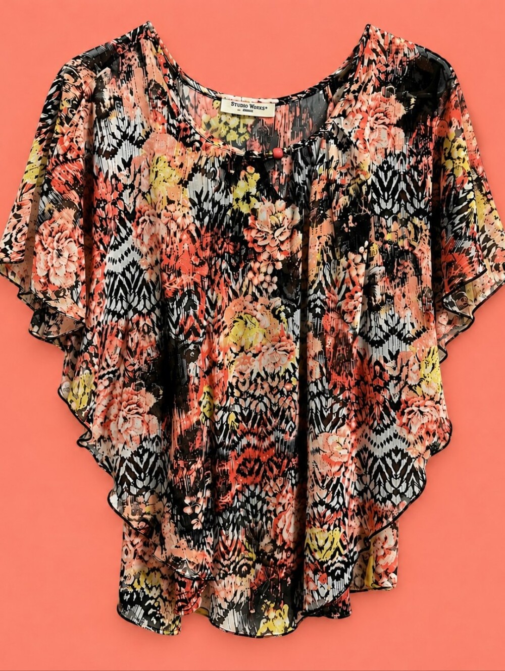 Studio Works Peach Coral Floral Ruffled Sleeve Blouse Large